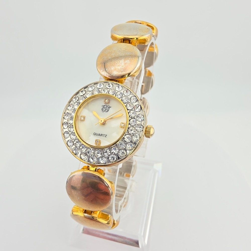 Vtg ELIZABETH TAYLOR 'White Diamonds' Watch Crystals MOP Dial Gold Plate 7"
